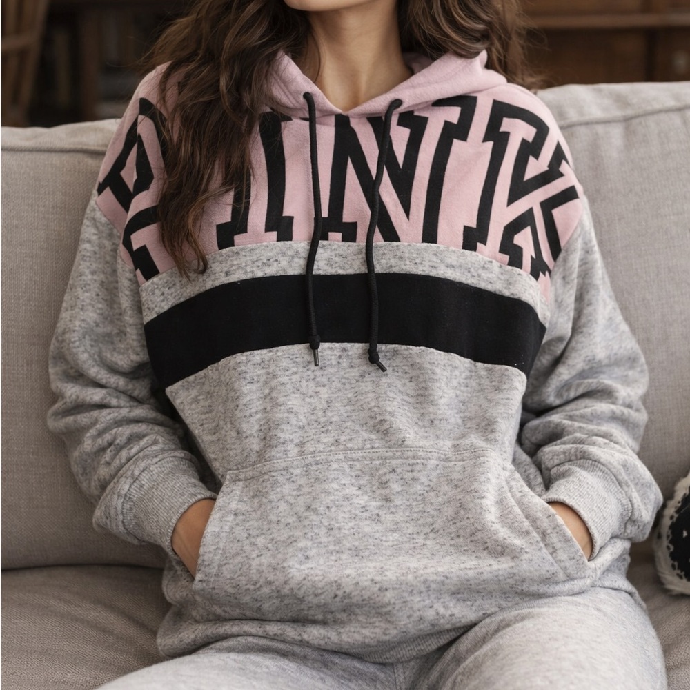 Victoria's Secret PINK Hoodie Pullover Baby Pink and Gray Colorblock Y2K